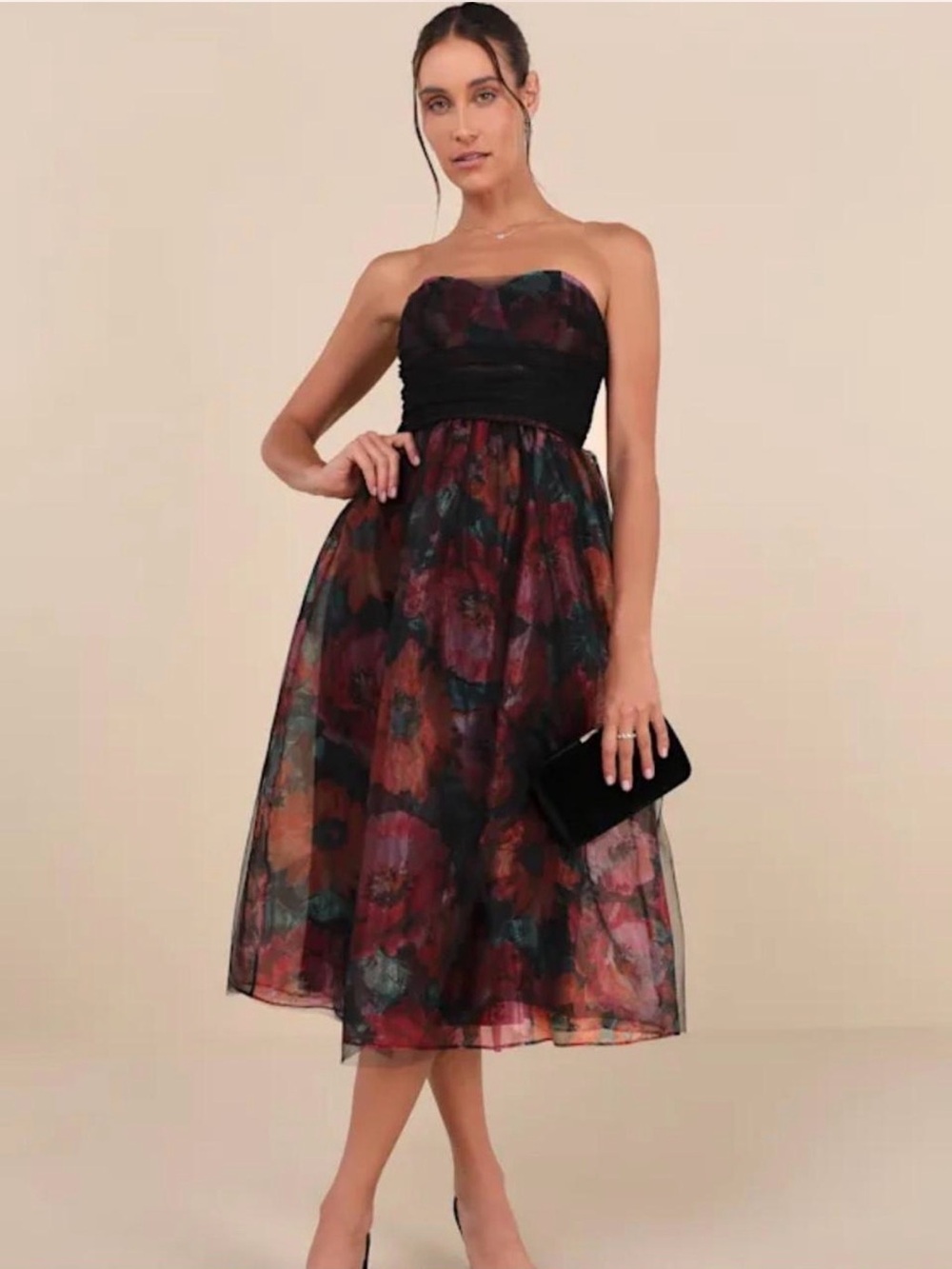 Lulu's Black Bodice Strapless Midi Dress with Multicolor Floral Skirt
